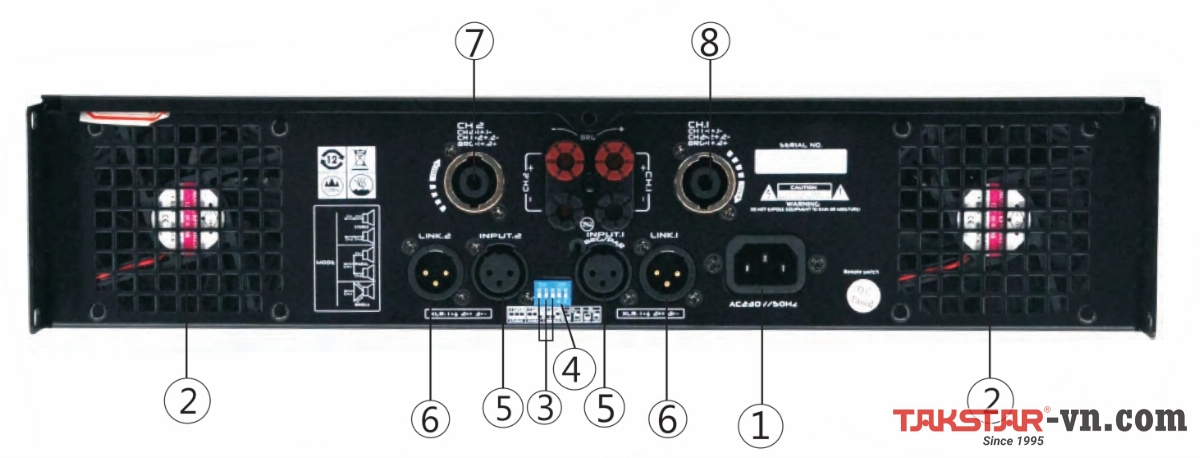 Mặt sau amply 2 kênh 2x220W takstar EA-2